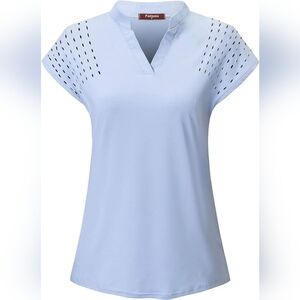 Light Blue V Neck Golf Polo Laser Cut Out Short Sleeve Sport Shirt Top Large
